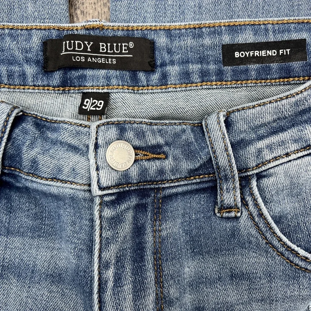 Judy Blue Womens 9 29 Patchwork Boyfriend Jeans Distressed Stretch Denim Blue